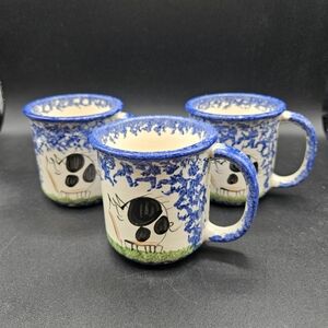 Molly Dallas 3  PIG Farmhouse Pottery Blue Spongeware Spatterware Mugs, USA